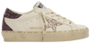 Golden Goose women's Hi Star sneaker in white leather with Cabernet red star and Cinder heel, distressed platform sole design.