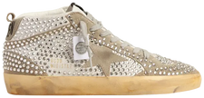 Golden Goose Swarovski Mid Star LTD women’s mid-top sneaker in white and dove grey leather with Swarovski crystal accents and distressed sole.

