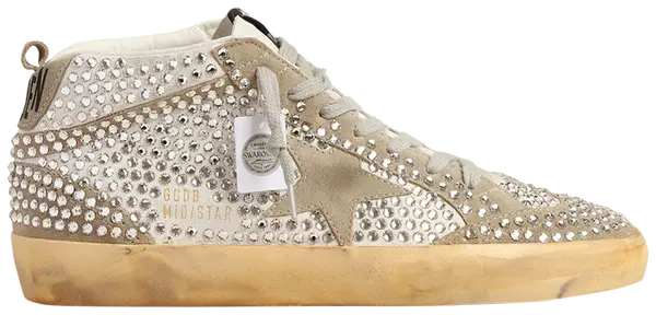 Golden Goose Swarovski Mid Star LTD women’s mid-top sneaker in white and dove grey leather with Swarovski crystal accents and distressed sole.

