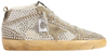 Golden Goose Swarovski Mid Star LTD women’s mid-top sneaker in white and dove grey leather with Swarovski crystal accents and distressed sole.

