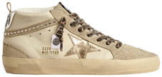 Golden Goose Mid Star women's sneaker in beige suede with Swarovski crystal star and leopard-print laces.

