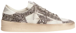 Golden Goose Wmns Stardan White Silver Glitter sneaker with distressed white leather base, silver glitter panels, and aged rubber sole.