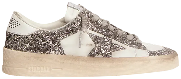 Golden Goose Wmns Stardan White Silver Glitter sneaker with distressed white leather base, silver glitter panels, and aged rubber sole.