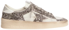 Golden Goose Wmns Stardan White Silver Glitter sneaker with distressed white leather base, silver glitter panels, and aged rubber sole.