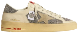 Golden Goose Stardan women's sneaker in off-white suede with Swarovski crystal star and silver heel tab.

