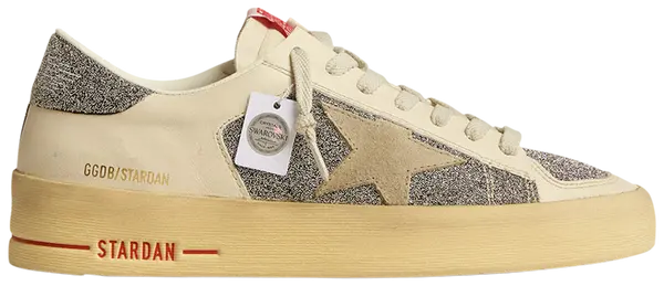 Golden Goose Stardan women's sneaker in off-white suede with Swarovski crystal star and silver heel tab.

