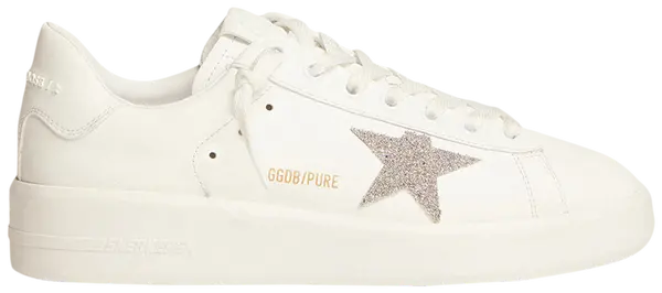 Golden Goose Swarovski Purestar women’s white leather low-top sneaker with silver Swarovski crystal star and distressed rubber sole.

