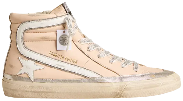 Golden Goose Swarovski Slide Sneaker women’s pink leather slip-on with white and silver accents and crystal-studded star logo.

