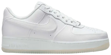 A Ma Maniére x Wmns Air Force 1 Low 'Triple White' 2025 in premium white leather with tonal embossed branding and encapsulated Air cushioning.


