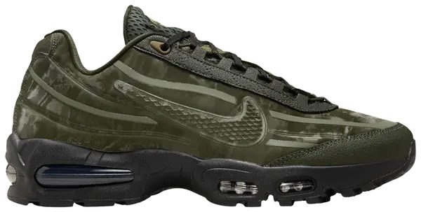 WORKSOUT x Nike Air Max 95 'Uniform' 2025 sneaker featuring olive green molded upper, embroidered WORKSOUT tongue patch, and black midsole with visible Air cushioning.