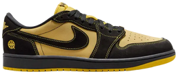 Air Jordan 1 Retro Low OG 'Quai 54' 2025 with black leather upper, yellow toe and heel, red Swoosh and heel tab, and Quai 54 branding.


