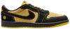 Air Jordan 1 Retro Low OG 'Quai 54' 2025 with black leather upper, yellow toe and heel, red Swoosh and heel tab, and Quai 54 branding.

