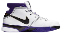 Nike Zoom Kobe 1 Protro 81 Points sneaker in white leather with black Swoosh and purple collar.