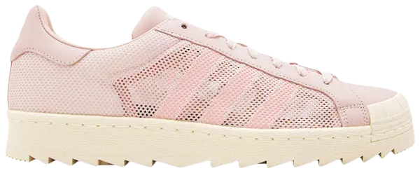 CLOT x adidas Superstar Breathe sneaker in light pink mesh with Chinese characters and mismatched heel logos.