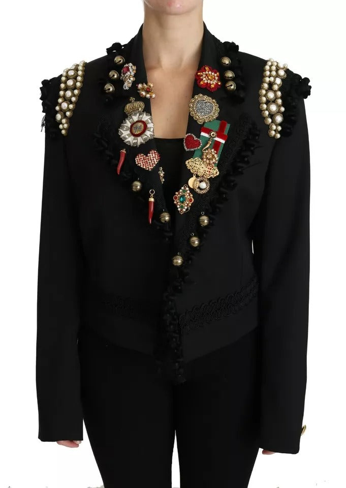 Dolce & Gabbana Black Crystal Blazer Coat Wool Jacket