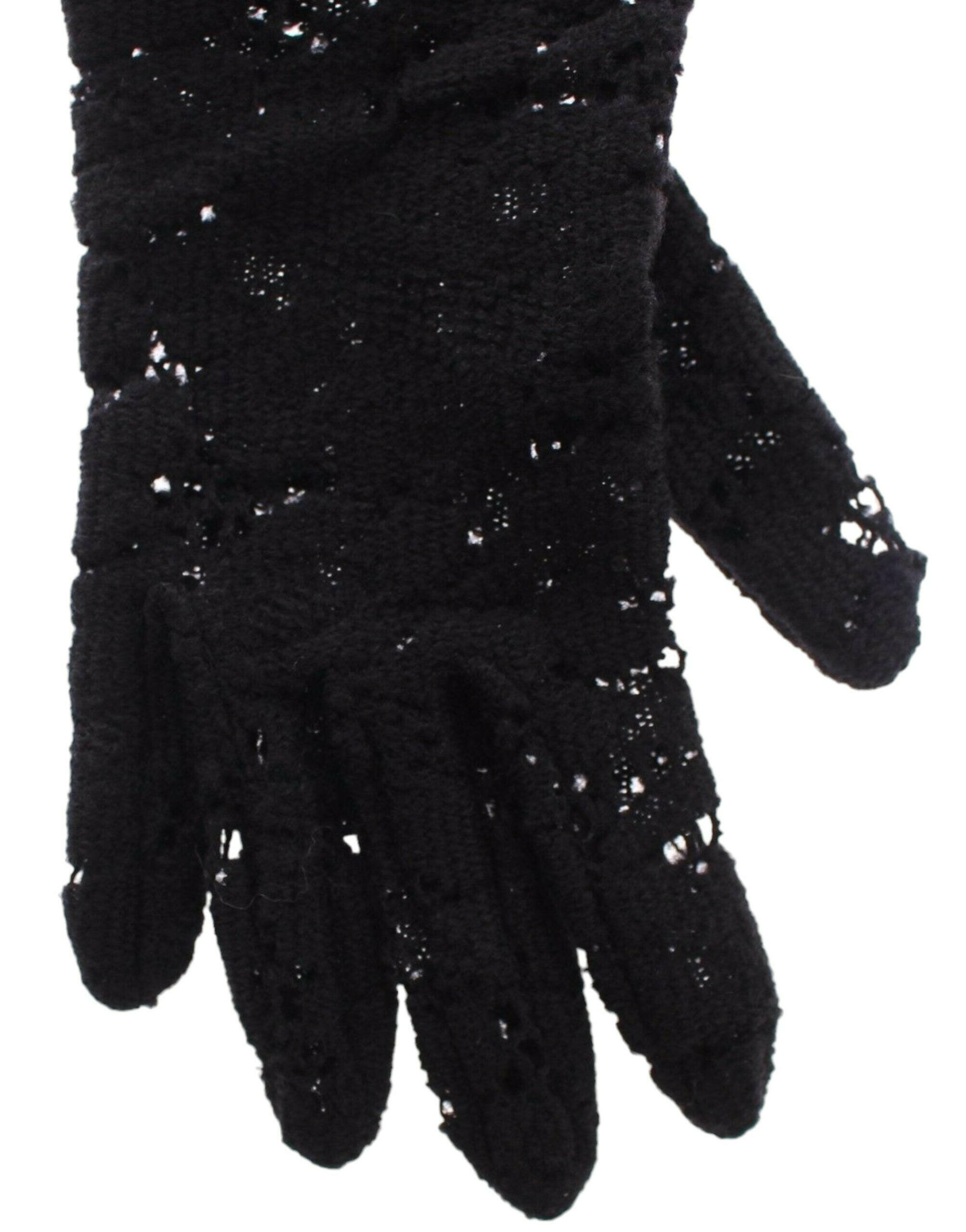 Dolce & Gabbana Black Lace Wool Lambskin Fur Elbow Gloves.