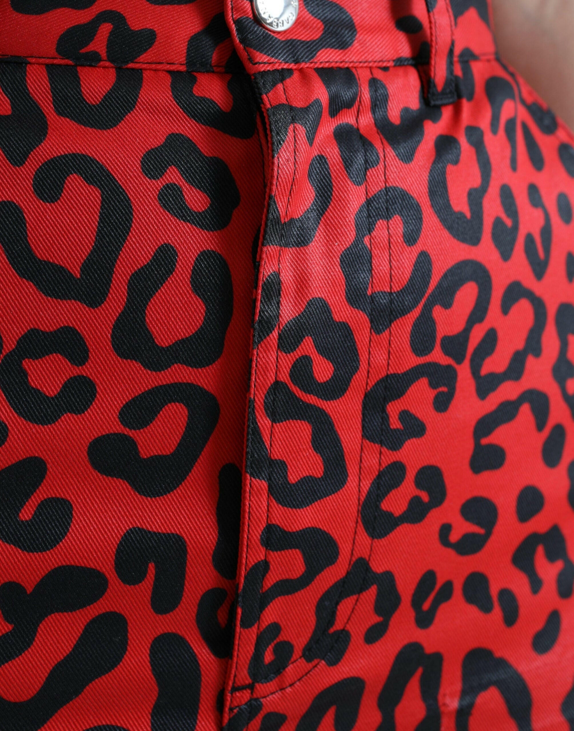 Dolce & Gabbana Red Leopard Print Cotton High Waist Mini Skirt.