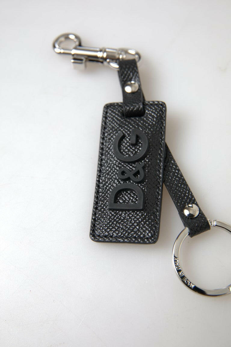 Dolce & Gabbana Black DG Logo Leather Silver Metal Keychain - GENUINE AUTHENTIC BRAND LLC  