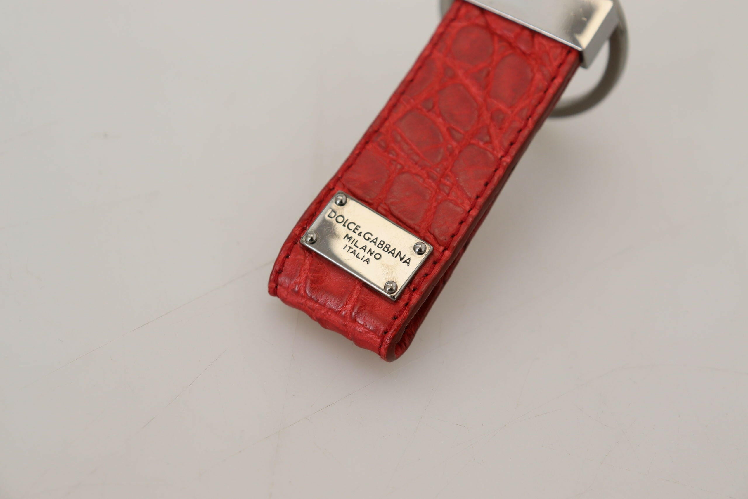 Dolce & Gabbana Red Leather Logo Plaque Silver Brass Keychain - GENUINE AUTHENTIC BRAND LLC  