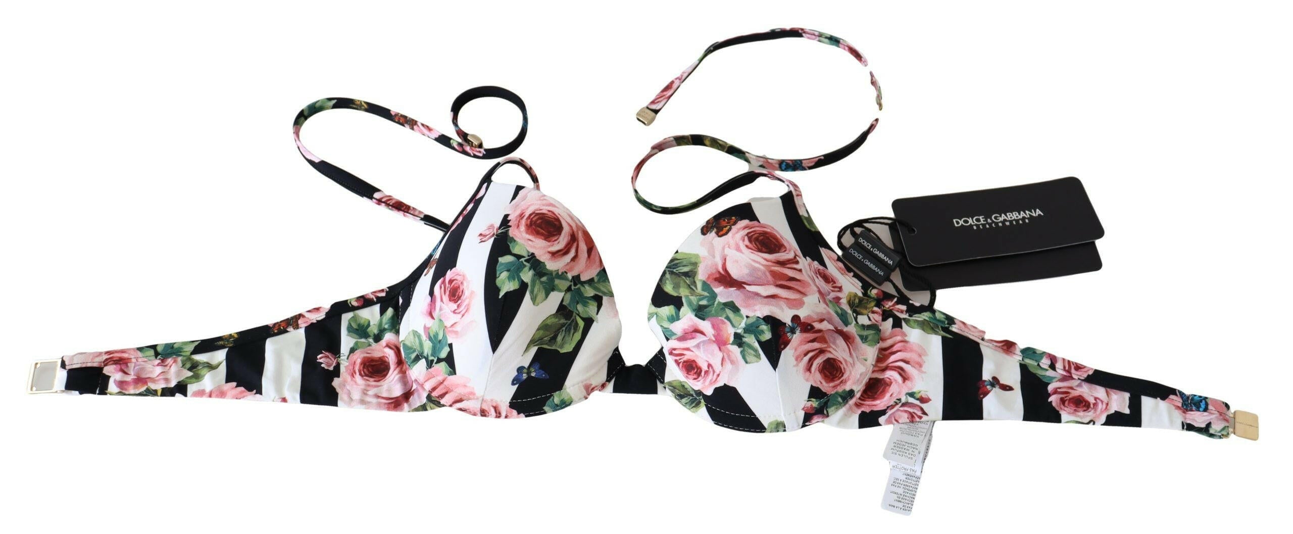 Dolce & Gabbana Multicolor Striped Rose Print Swimwear Bikini Tops - GENUINE AUTHENTIC BRAND LLC  