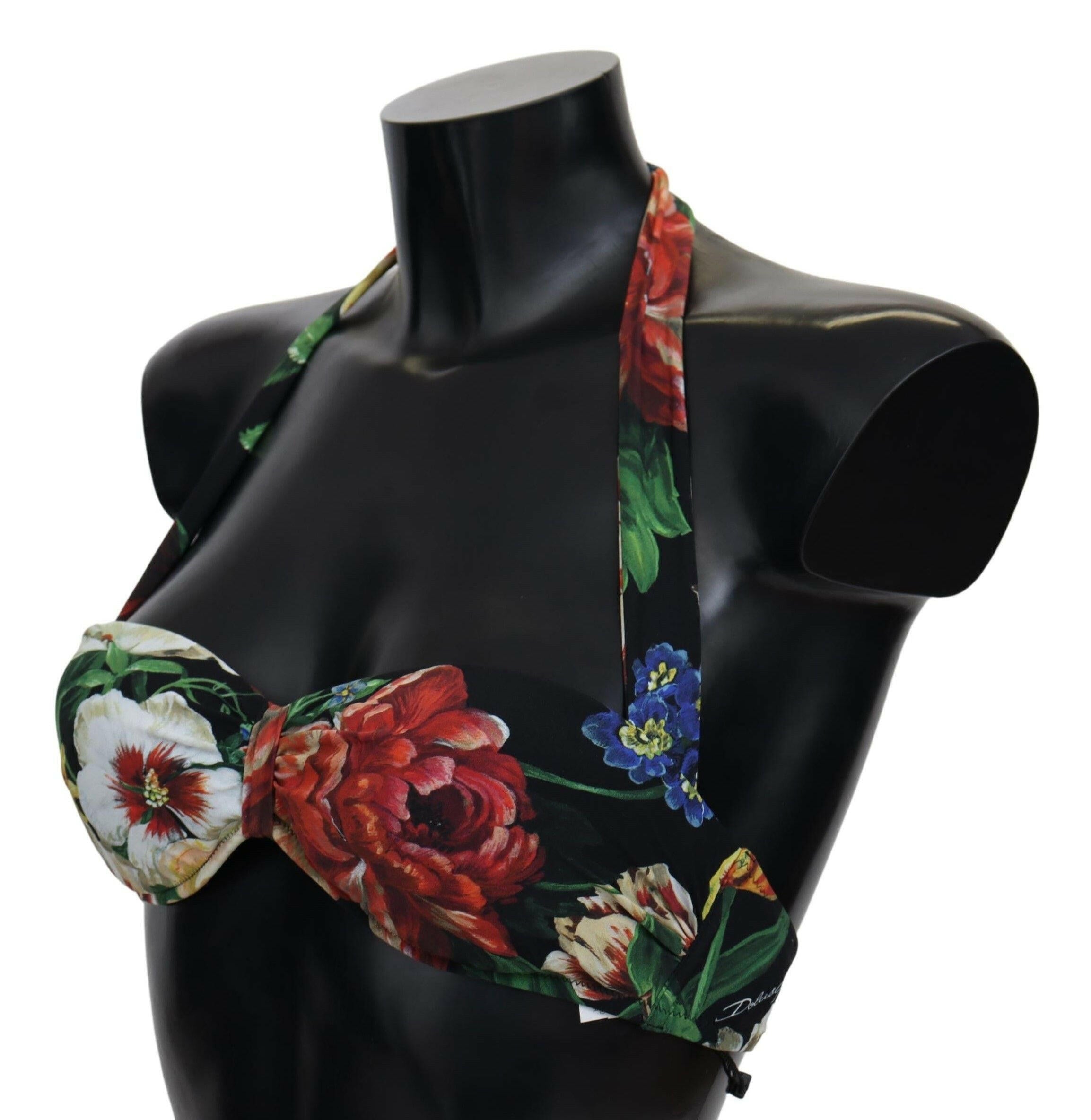Dolce & Gabbana Black Floral Print Nylon Swimwear Bikini Tops - GENUINE AUTHENTIC BRAND LLC  