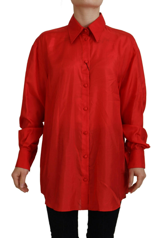 Dolce & Gabbana Red Silk Collared Long Sleeves Dress Shirt Top - GENUINE AUTHENTIC BRAND LLC  