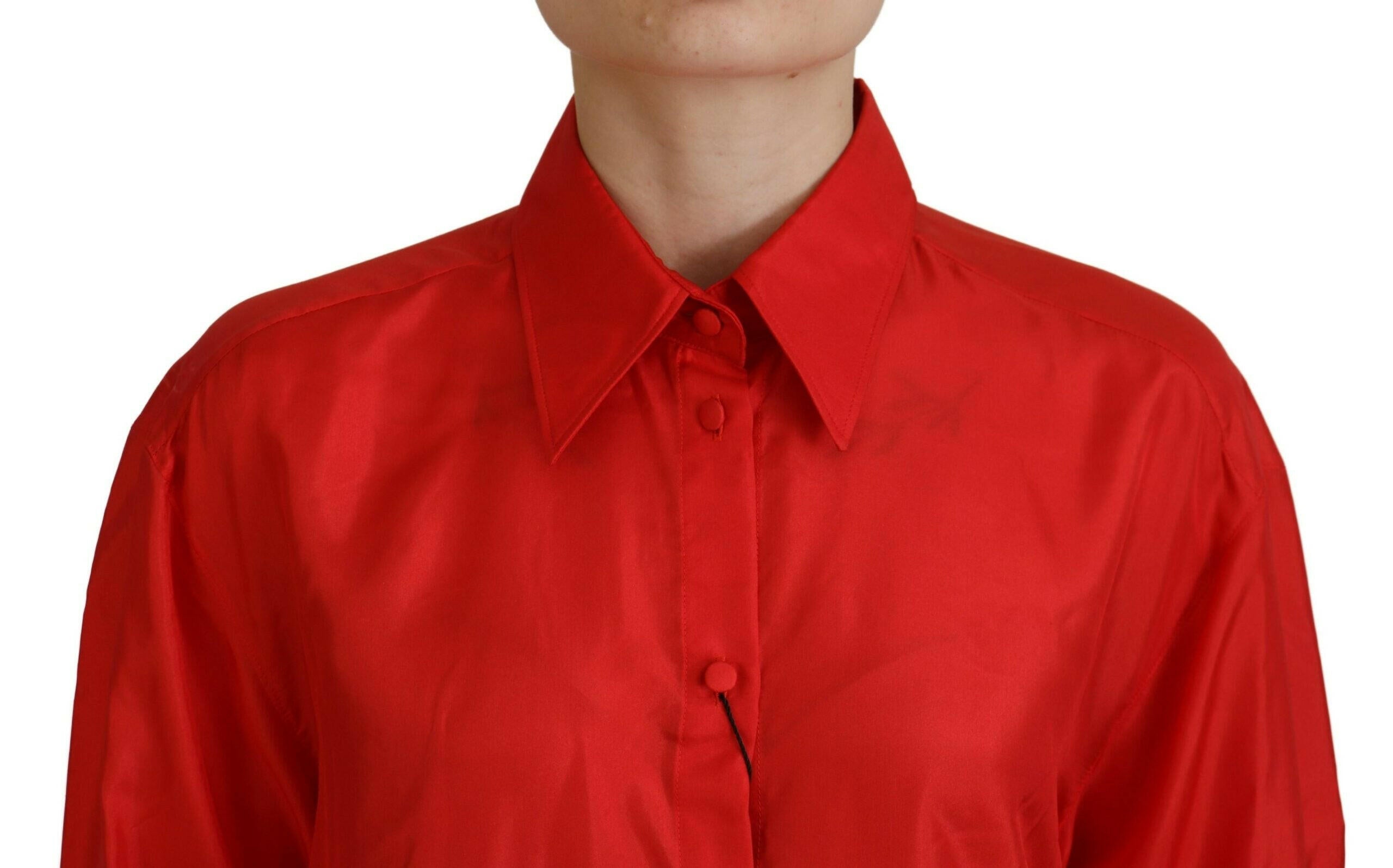 Dolce & Gabbana Red Silk Collared Long Sleeves Dress Shirt Top - GENUINE AUTHENTIC BRAND LLC  